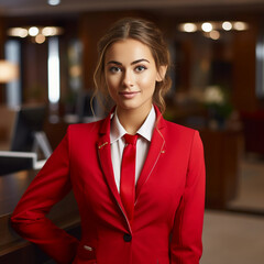 beautiful young receptionist or administrator wearing a red jacket standing behind the hotel reception desk 