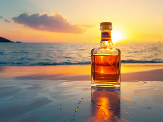 Bottle of whisky on a table with beach sea and sunset in background 