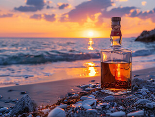 Bottle of whisky on a table with beach sea and sunset in background 
