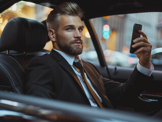 Businessman in a suit is sitting in the back seat of a car and talking on mobile phone 