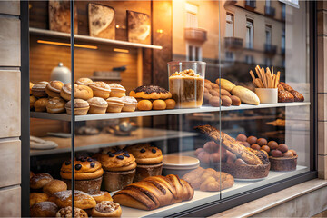 Demonstration of a showcase with bakery products behind glass.
