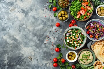 Middle eastern dishes on rustic background Fattoush tabbouleh hummus olives pita Halal Lebanese cuisine Top view Space for text - obrazy, fototapety, plakaty