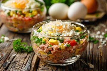 Mimosa salad with canned fish cheese eggs and veggies in glass bowls on wood