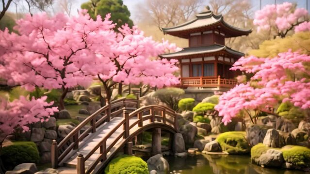 Japanese garden with cherry blossom in spring season, Tokyo, Japan, A blooming cherry blossom garden with a traditional Japanese tea house, AI Generated