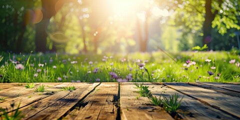 Empty wooden table top with blurred spring background, sunny meadow and grass field in the background