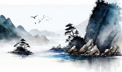 Serene Coastal Landscape in Traditional Oriental Ink Painting Generative AI