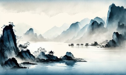 Ethereal Coastal Landscape in Traditional Oriental Ink Painting Style Generative AI - obrazy, fototapety, plakaty
