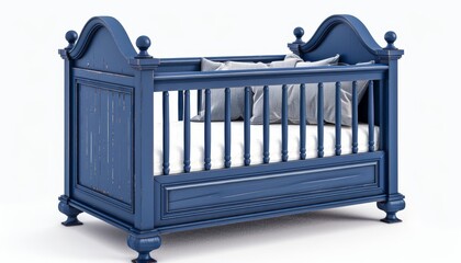 Modern baby cradle in blue made of solid pine with removable guard rails and hypoallergenic mattress isolated on white
