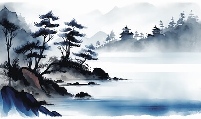 Ethereal Coastal Landscape in Traditional Oriental Ink Painting Generative AI - obrazy, fototapety, plakaty
