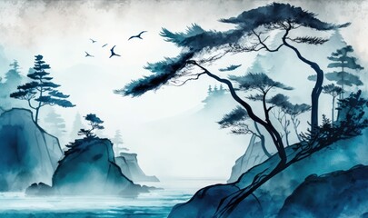 Serene Coastal Landscape in Traditional Oriental Ink Painting Style Generative AI