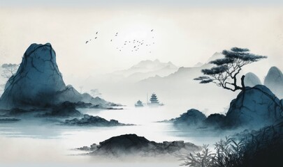 Serene Misty Coastal Landscape in Traditional Oriental Ink Painting Style Generative AI - obrazy, fototapety, plakaty