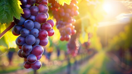 Ripe Grapes in Vineyard at Sunset
