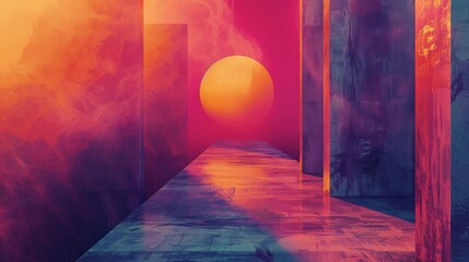 Abstract composition inspired by lunar mystique and anger transformation. Bold yellow, coral, and purple hues against negative space. Minimalist yet profound. - obrazy, fototapety, plakaty