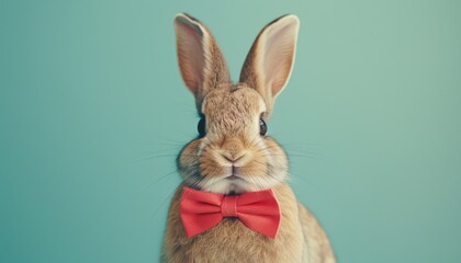 A cute rabbit wearing a red bow tie is set against a background of Sagebrush Green, Marsala, and Granite Gray. The image follows the rule of thirds with negative space. - obrazy, fototapety, plakaty