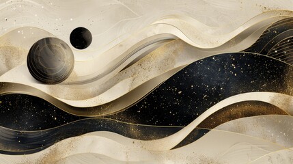 Obraz premium A captivating digital landscape where merging black holes meet delicate orchid and gold patterns, showcasing the beauty of negative space in a minimal yet profound way.
