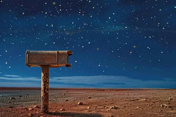 Deurstickers An old-fashioned mailbox stands alone in a barren landscape desert under a sky filled with unfamiliar stars, offering a surreal touch of earthly normalcy. © BBestiny