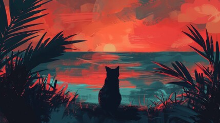 A cat's silhouette against a vibrant abstract background in Living Coral and Pacific Coast, embodying simplicity, minimalism, and depth in a serene evening setting.