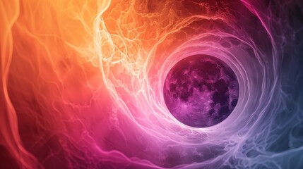 An eclipse and crypto currency merging, plunging into a black hole against a vibrant Lemon Verbena, Orange Pop, Aurora Pink abstract background. Minimalistic with emphasis on negative space.