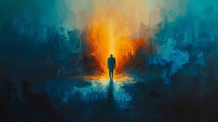 A mysterious figure in blue emerges from darkness against a vivid blue and orange abstract background, symbolizing the beginning of a new journey. - obrazy, fototapety, plakaty