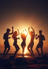 silhouette of a group of people having fun at a beach party generative ai art