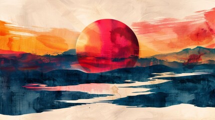 A vibrant summer sunset captured in a raw, abstract style. Green energy channeled by a magician creates red, yellow, and navy hues, emphasizing the beauty of negative space.