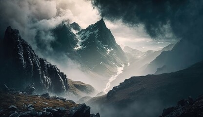 Awe-Inspiring Mountain Scenery with Mist and Clouds Generative AI - obrazy, fototapety, plakaty