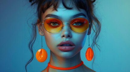 Vivid pop art portrait of a woman with striking orange glasses and earrings.