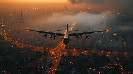 Aircraft flying over city at sunset, painting sky with vibrant colors