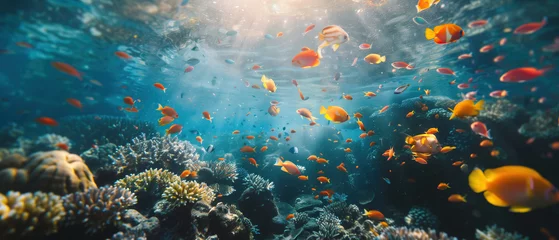 Foto op Plexiglas Symphony of the sea: an underwater ballet. A vast school of fish gracefully drifts above a vibrant coral reef, creating a mesmerizing display of movement and color in the depths of the ocean © guruXOX