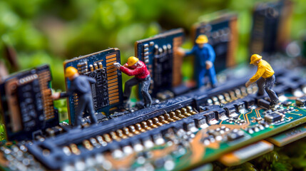 Small figurines in various colors work on computer memory slots on a motherboard in a natural setting