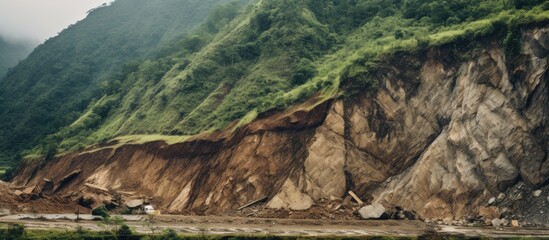 Truck navigating rough mountain terrain post-landslide