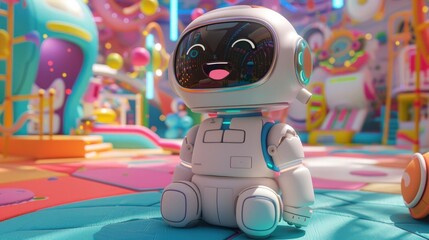 Adorable Chubby Robot Cheerfully Enjoying a Vibrant and Imaginative Playground Scene with Whimsical Elements