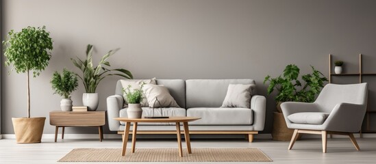 Scandinavian living room with grey sofa, armchair, plants - obrazy, fototapety, plakaty