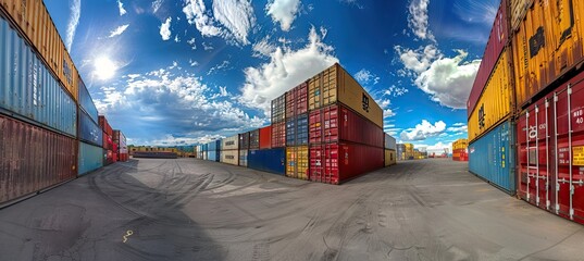 Cargo container for overseas shipping on high stack look up from ground . Logistics supply chain management and international goods export concept. AI generated illustration - obrazy, fototapety, plakaty