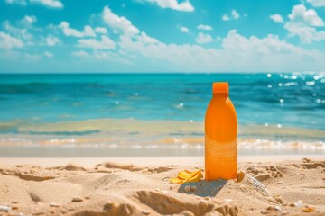 Fototapeta na wymiar A bottle of sunscreen sits on the sandy beach under the azure sky