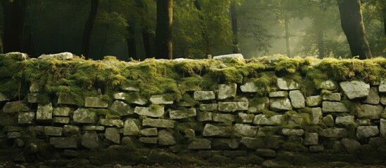 Stone wall covered with green moss