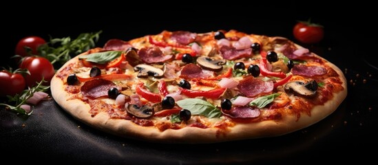 Traditional pizza toppings and veggies on dark surface with tomatoes