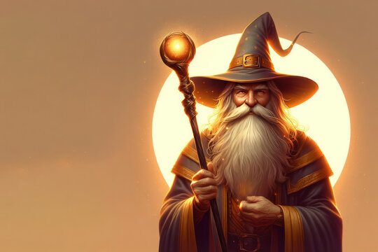 An old wizard on the background of a glowing circle. Space for text.