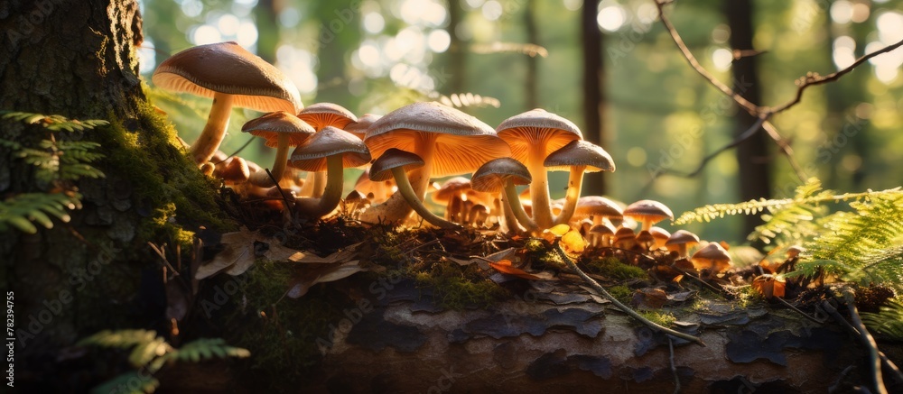 Aufkleber mushrooms on a log in a forest with moss and ferns