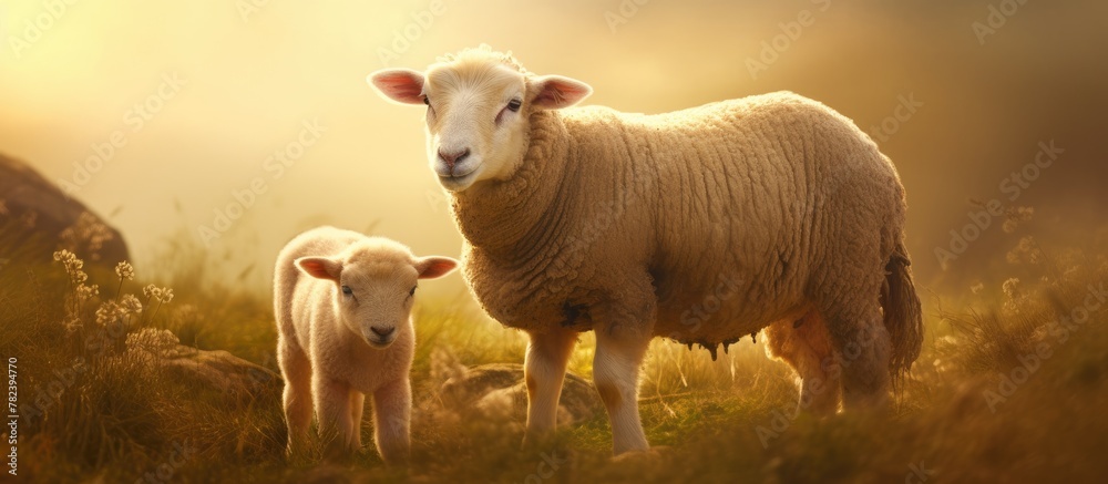 Poster sheep and lamb in field with flock