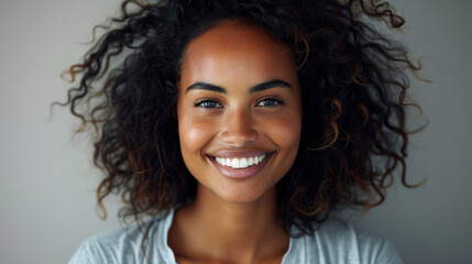 Radiant smile of a young woman with curly hair, genuine happiness expression.