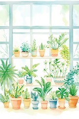 Botanical Greenhouse, Greenhouse interior, diverse plant life, cartoon drawing, water color style.