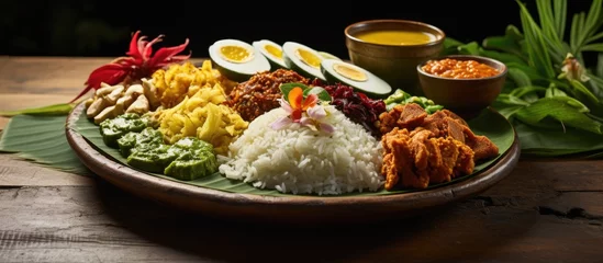 Fotobehang Plate of food with rice, meat, and vegetables © vxnaghiyev