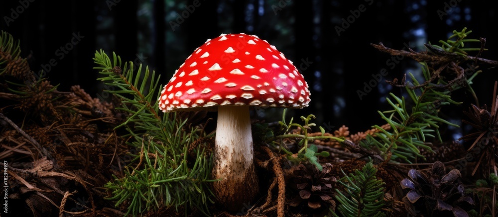 Poster mushroom close-up on forest tree stump