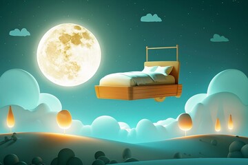 A whimsical illustration of a dream with a bed soaring above a softly glowing, moonlit landscape, encapsulating magic and wonder for nursery children.