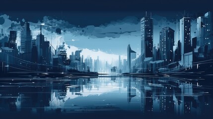 Serene City Skyline in Vibrant Blue Tones Generative AI - obrazy, fototapety, plakaty
