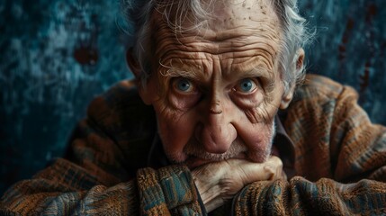 Close up of elderly mans wrinkled face, hand on chin, pondering history