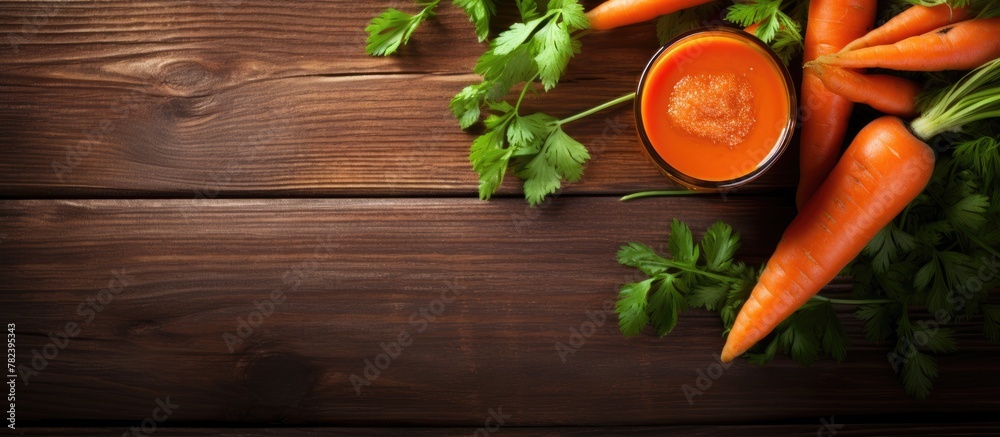 Poster fresh carrot and parsley display with dipping sauce