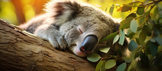 Sleeping koala on tree branch
