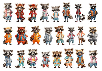 Set of cartoon caricatures of funny freaky raccoon characters in casual clothes street style 3D illustrations on a transparent background. Clipart for stickers, cards, banners, decoration